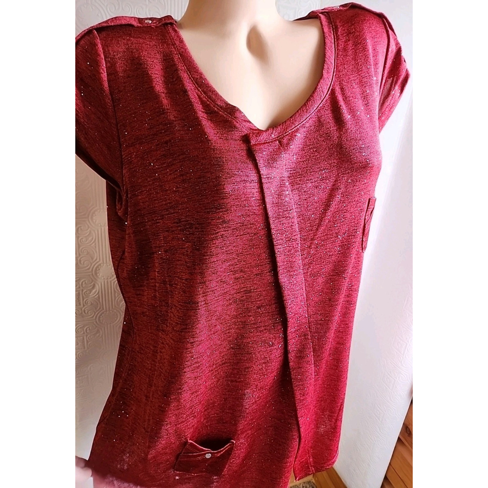 Red Sparkle Sheer Sleeveless Holiday Christmas Party LG Shirt NWT